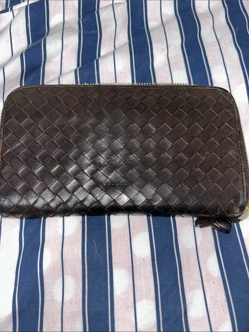 Woven Leather Zip-Around Wallet - Dark Brown